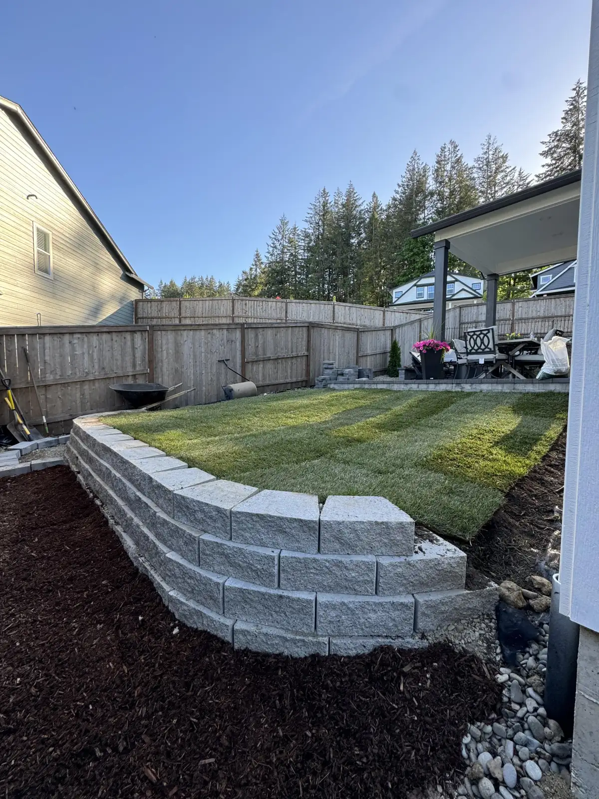 Completed retaining wall and grading project in Portland suburb