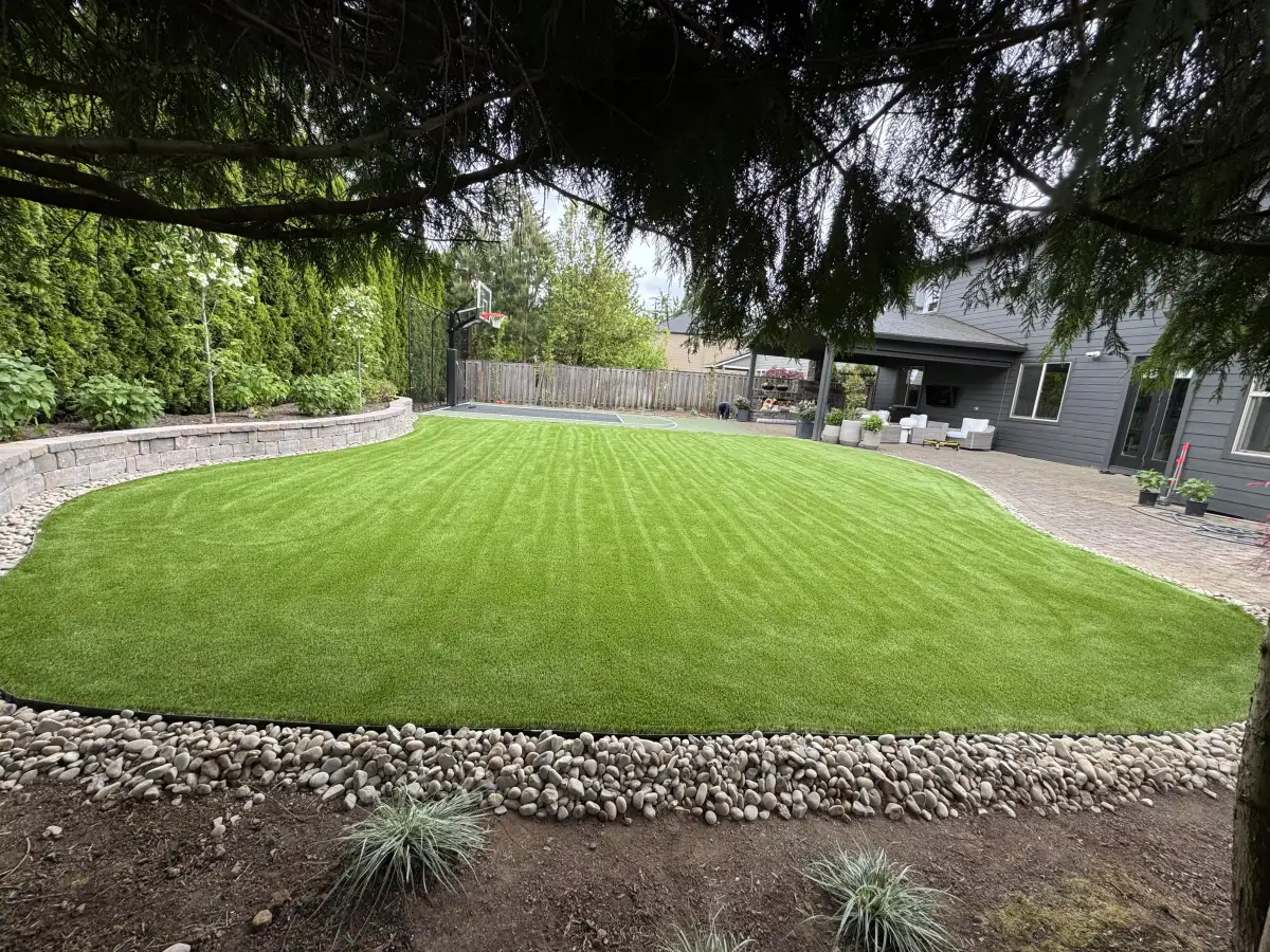 Pet-friendly artificial turf backyard installation